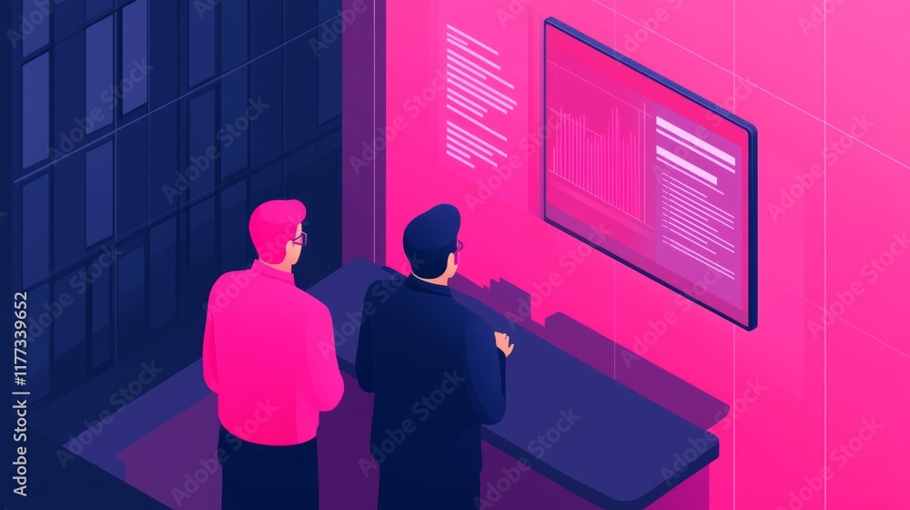 Aufkleber two professionals analyzing data on a digital screen in a modern office with vibrant pink and dark c