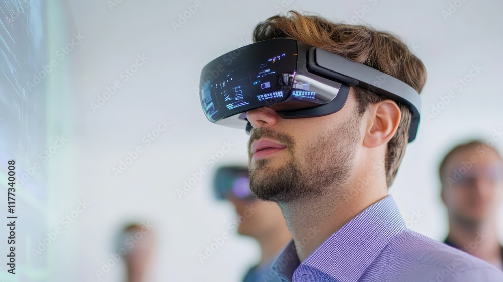 Poster man engaged in virtual reality experience with high-tech headset in modern office environment, repre