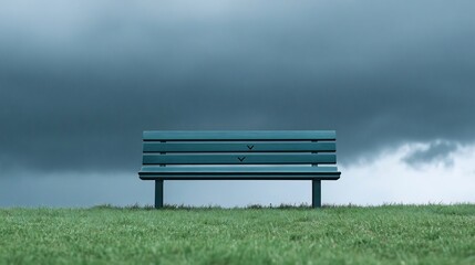 Fototapeta premium Empty Park Bench Under Stormy Skies with Heart Carvings,Melancholic Mood
