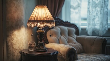 Softly lit cozy corner in a vintage living room, featuring a classic table lamp with ornate details.