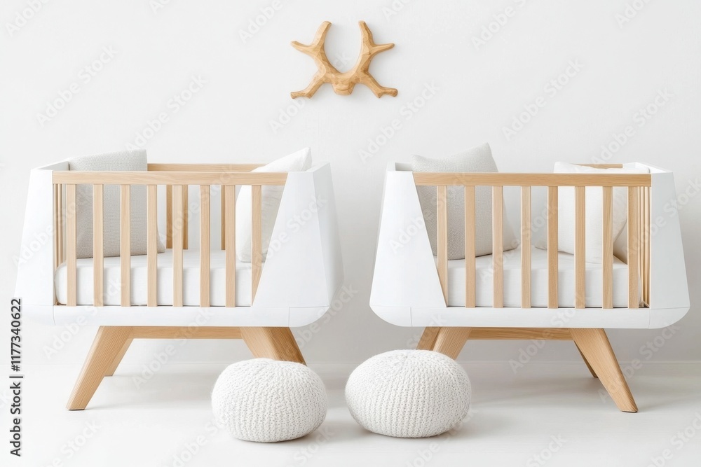 Poster A simple graphic of twin cribs with identical designs, placed symmetrically on a clean white background
