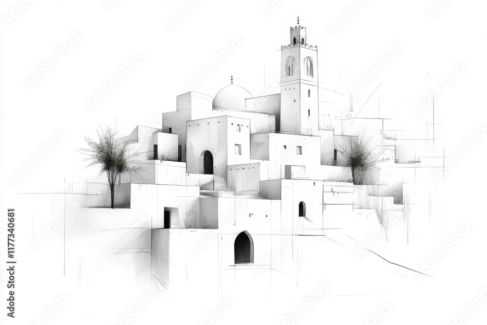 Poster a simple line art depiction of a ksar and its oasis, drawn with delicate strokes on a clean white ba