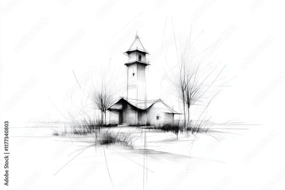 Poster a simple line art depiction of a ksar and its oasis, drawn with delicate strokes on a clean white ba