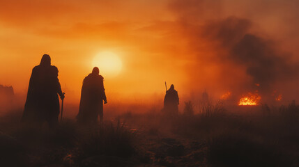 Fototapeta premium Cinematic shot of knights silhouetted against glowing sunset, evoking sense of mystery and adventure. scene captures dramatic atmosphere of battlefield