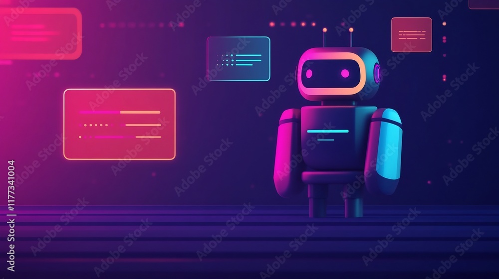 Poster vibrant chatbot interface with geometric shapes and high-tech digital environment