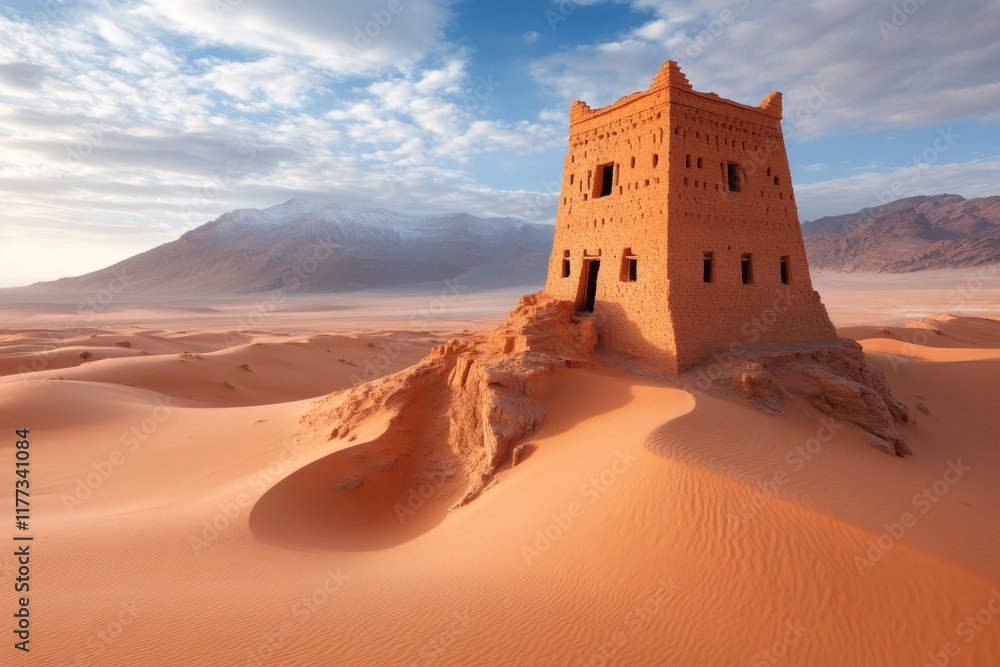Aufkleber a simple line art depiction of a ksar, with clean geometric shapes representing the granaries and wa