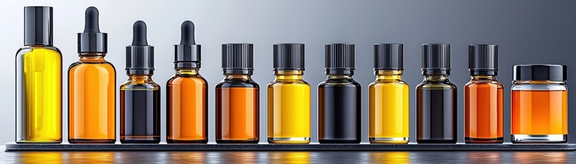 Various Amber and Dark Glass Bottles of Essential Oils and Aromatherapy Ingredients Displayed
