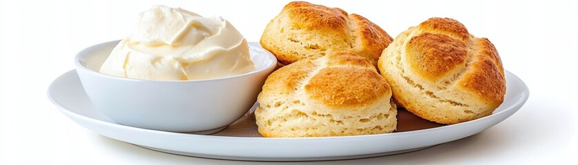 Naklejka premium Fluffy Biscuits with Creamy Topping Served on White Plate for Delicious Dessert Experience