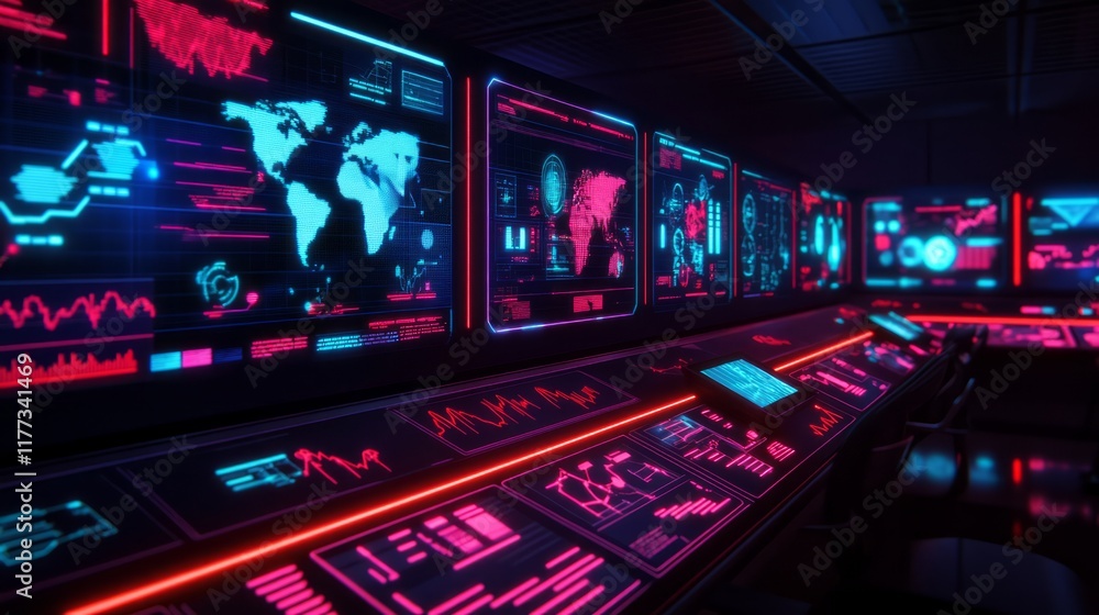 Poster futuristic control room with high-tech screens displaying data and analytics in vibrant neon colors,