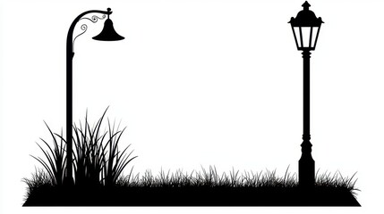 Elegant Silhouette of Two Lampposts Flanked by Grass Park Lighting Design