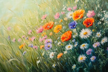 Vibrant Wildflower Meadow Painting, Oil on Canvas