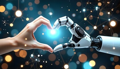 Collaboration between human and ai robot hands forming a heart shape