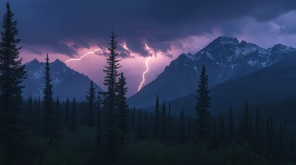 Obraz premium Lightning flashes over rugged mountains and a dense forest, highlighting the stormy clouds and creating a powerful visual impact.