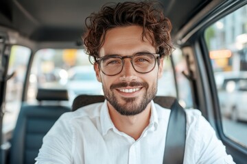 A professional Uber driver wearing a friendly smile, waiting in a clean and modern vehicle