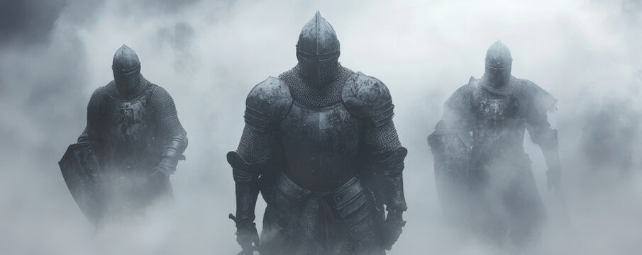 Knights in armor walking steadily through foggy battlefield, evoking sense of mystery and determination. atmosphere is thick with fog, enhancing dramatic scene