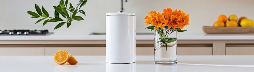 Obraz premium Modern White Vase with Orange Flowers and Olive Branch on Minimalist Kitchen Countertop