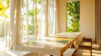 Fototapeta premium Indian-Style Modern Interior: Breakfast Nook with Wooden Bench Seating and Colorful Mosaic Tabletop under White Curtains Cinematic Image
