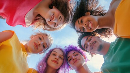group of five young people looking down at the camera