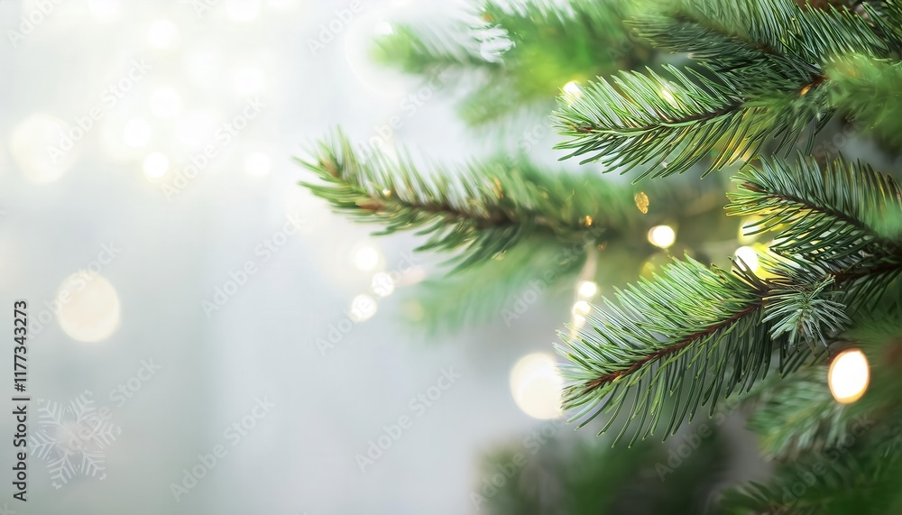 Poster close-up of evergreen pine branches with soft focus festive fairy lights background for christmas de