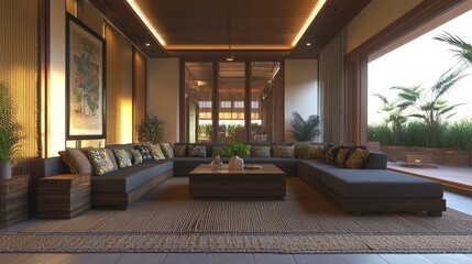 Elegant Indian-Inspired Modern Living Room with Charcoal Sectional and Embroidered Cushions on Textured Rug