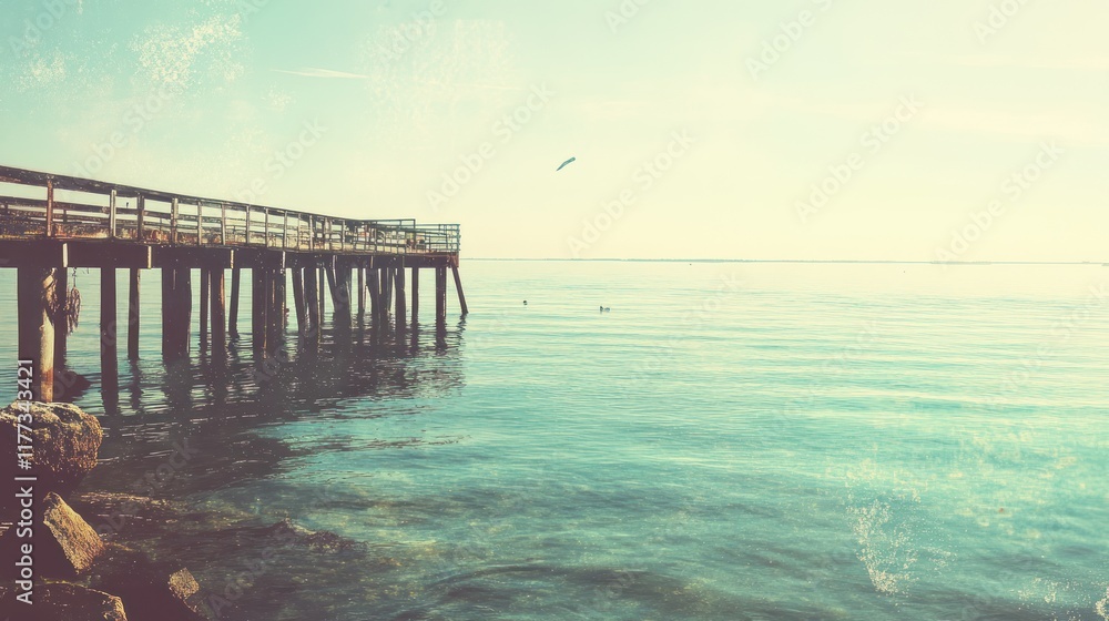 Poster a serene coastal view featuring a wooden pier extending over calm waters.
