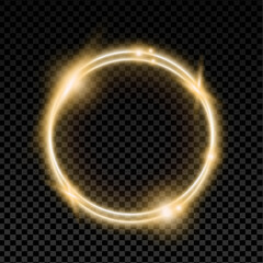 Golden light circle on transparent background with glitter