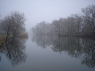 Bad weather. Fog and cold near the river Gloomy landscape