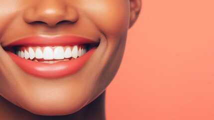 Obraz premium Bright and Radiant Smile of a Young Woman with Flawless Skin Against a Soft Coral Background Highlighting Joy and Confidence in Portrait Photography