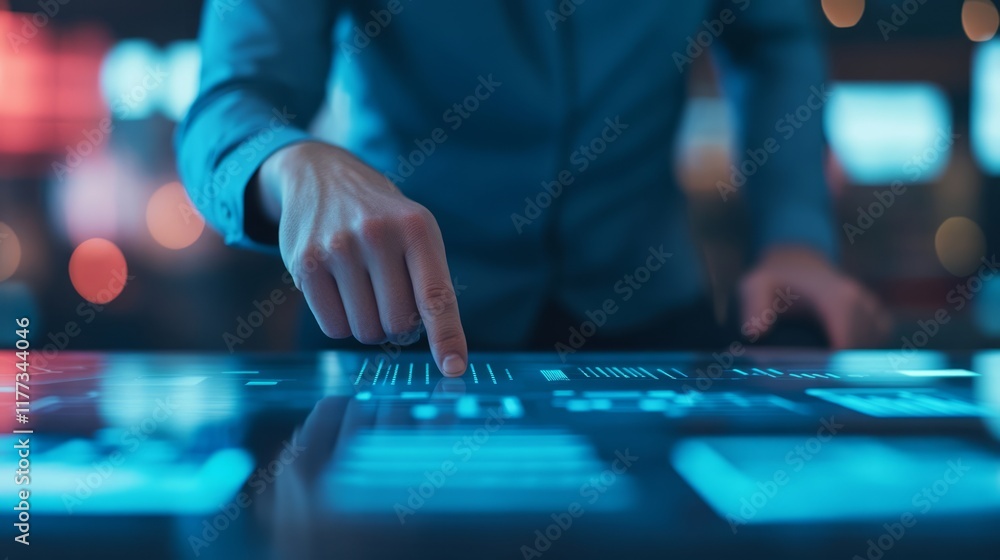 Poster close-up of a business professional interacting with a touchscreen interface, highlighting digital i