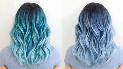 Naklejka premium Woman's long wavy teal and blue ombre hair before and after styling. Perfect for hair salons, beauty blogs, or hair product advertising.
