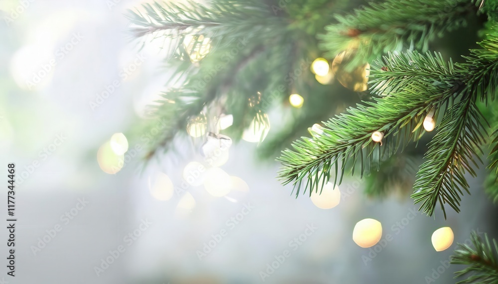 Poster close-up of evergreen pine branches with soft focus festive fairy lights background for christmas de
