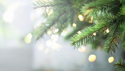 Close-Up of Evergreen Pine Branches with Soft Focus Festive Fairy Lights Background for Christmas Decorations and Nature Themes