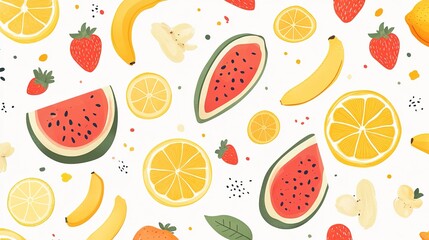  Seamless cartoon fruit pattern: lemon, orange, banana, strawberry, watermelon on white background.  