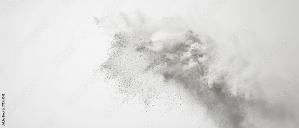 Poster gray dust particles creating a cloud-like effect against a white background