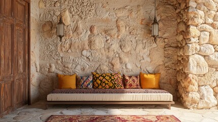 Contemporary Indian Fusion: Rustic-Chic Living Room with Textured Stone Wall and Colorful Handloom Blanket - Cinematic Interior Design