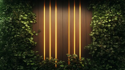 Luminous Greenery Layers - Modern 3D Illustration with Glowing Lights and Wooden Panels for Creative Campaigns