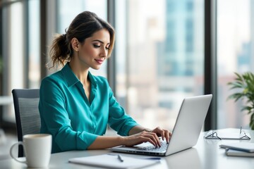 Woman in teal shirt typing on a laptop, seated at a desk in a modern office with large windows, natural light, and professional ambiance. Ai generative