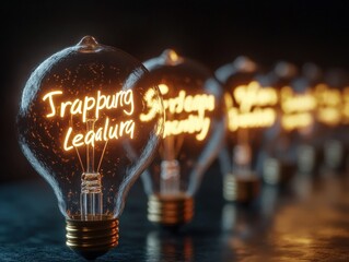 a row of lit light bulbs with glowing text on them
