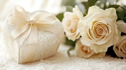 A delicate cream ribbon tied around a heart-shaped box beside a rose bouquet