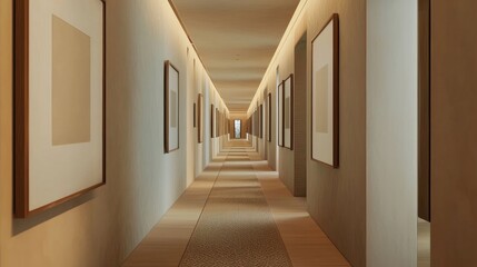 Fototapeta premium Modern Indian Aesthetic: Minimal Corridor with Block-Print Artwork, Recessed Lighting, and Runner Rug