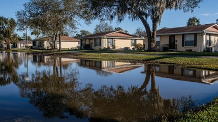 Obraz premium Suburban landscape in Laurel Meadows, Sarasota, overtaken by floodwaters, with standing water creating reflections of storm-damaged houses.