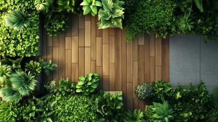 Eco-Friendly 3D Sustainable Design with Wooden Textures and Lush Greenery in Clean Composition