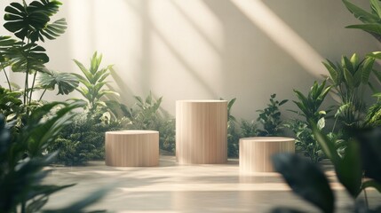 Tranquil 3D Eco Display with Wooden Podiums and Potted Plants in Minimalistic Design