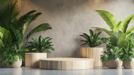 Tranquil 3D Eco Display with Wooden Podiums and Potted Plants in Soft Natural Lighting