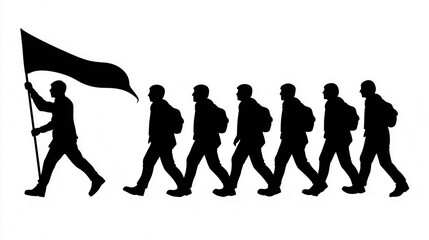 Fototapeta premium Silhouettes of Men Walking in a Row One Carrying a Banner Leadership Concept