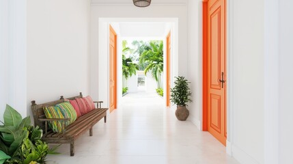 Vibrant Indian-Inspired Modern Hallway with Orange Double Doors and Antique Bench - Cinematic Interior Design