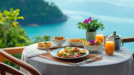 Fototapeta premium Panoramic view of an elegantly set luxurious breakfast table, showcasing exquisite dining and gourmet delights.