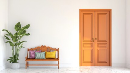 Vibrant Indian-Inspired Modern Hallway with Orange Double Doors and Antique Bench - Cinematic Ultra-Detailed Interior Design