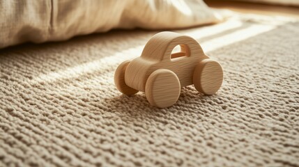 A delightful wooden toy car set in muted tones on a soft carpet.