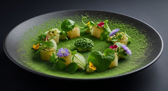 "An elegantly designed plate featuring vibrant greens , such as arugula and watercress , adorned with edible flowers . 